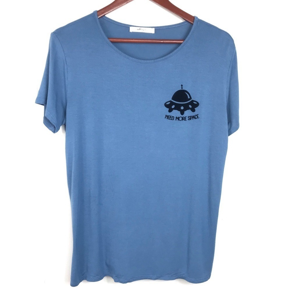 Womens Blue Graphic T Shirt Need More Space UFO Print Short Sleeve Top